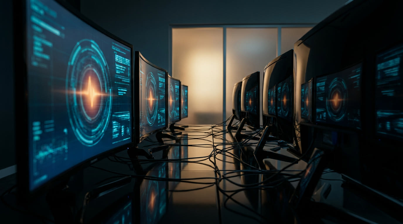 A dark security operations room, monitors glowing with an alert pulse