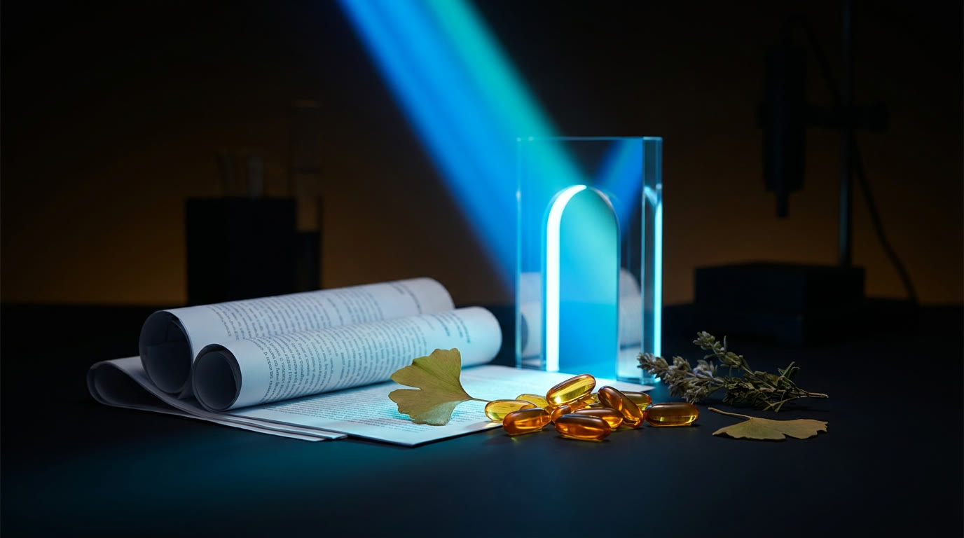 Supplement capsules and research papers under a beam of blue light passing through a glowing gate