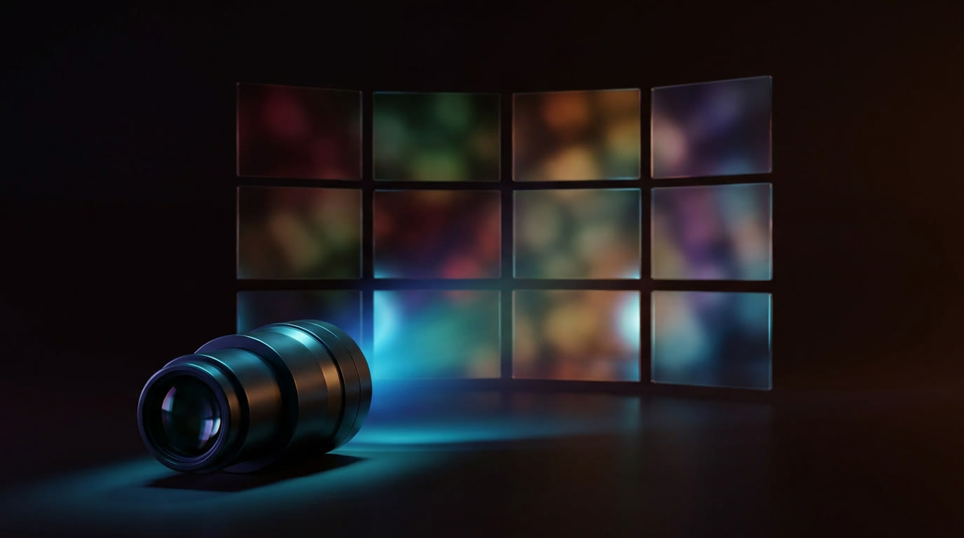 A single camera lens in front of a wall of differently colored screens